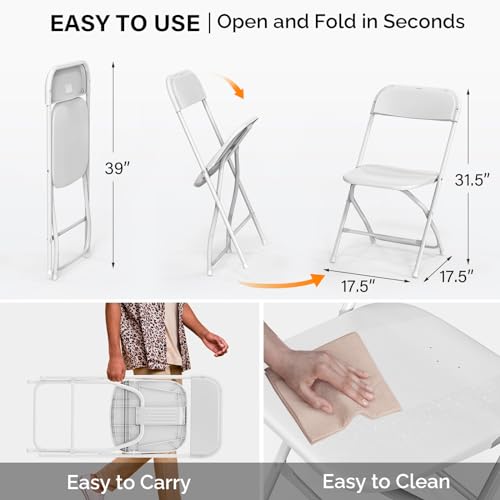 VINGLI 10 Pack White Plastic Folding Chair, Indoor Outdoor Portable Stackable Commercial Seat with Steel Frame 350lb. Capa...
