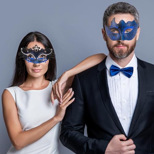 MYSEUNI 2025 Masquerade Masks for Couples, Shiny Rhinestone Metal Filigree Venetian Mask & Mens Venetian Mask for Mardi Gras