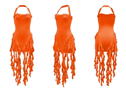 Vakkest Women Summer Halter Neck Dress Sexy Asymmetrical Ruffle Fringe Bodycon Party Birthday Short Mini Dresses