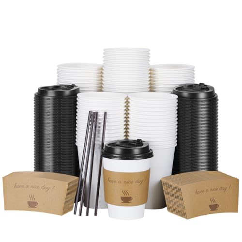 BYSNOW 100 pack 12 oz Disposable Thickened Coffee Cups with Lids, Scald Resistant Hot Cup with Sleeve and Straw, To Go Cof...