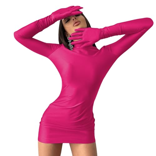 Caviotess Women's Sexy Turtleneck Mini Dress with Gloves Long Sleeve Bodycon Dress Party Festival Outfit Clubwear