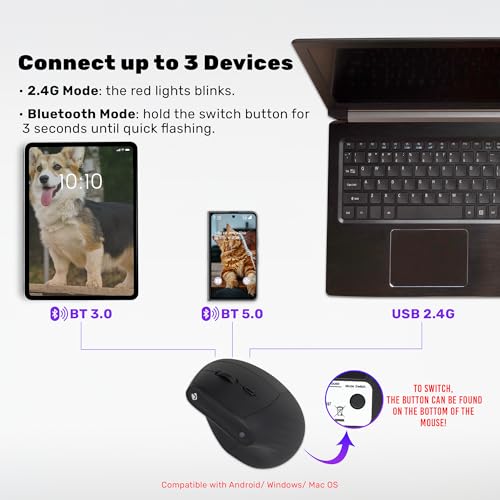 J-Tech Digital Wireless Mouse, Vertical Ergonomic Mouse with 2.4G Wireless & Bluetooth for 3 Multi-Device Function, Adjust...