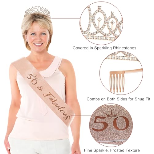 50th Birthday Decorations for Women, 33pcs 50th Birthday Crown and Sash, Black Rose Gold Happy 50th Birthday Banner Balloo...
