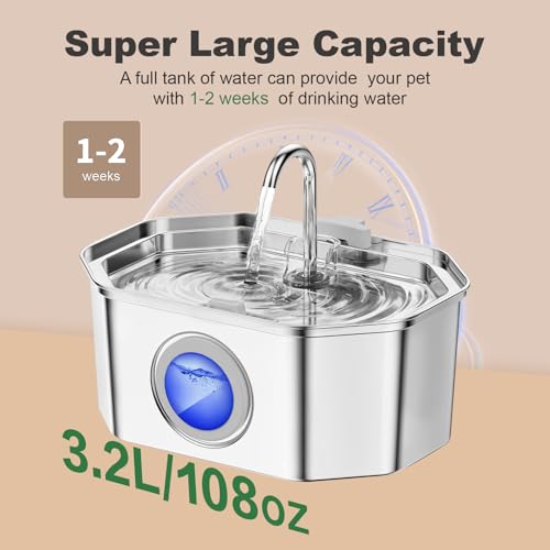 Cat Water Fountain Stainless Steel 108oz/3.2L, APAUK Automatic Pet Fountain Dog Water Dispenser with Water Level Window, Q...