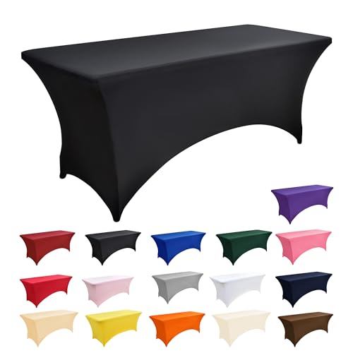 ZarzaaSik 2-Pack 6ft Black Spandex Table Covers for Rectangle Standard Folding Tables - Wrinkle Resistant Stretch Tableclo...
