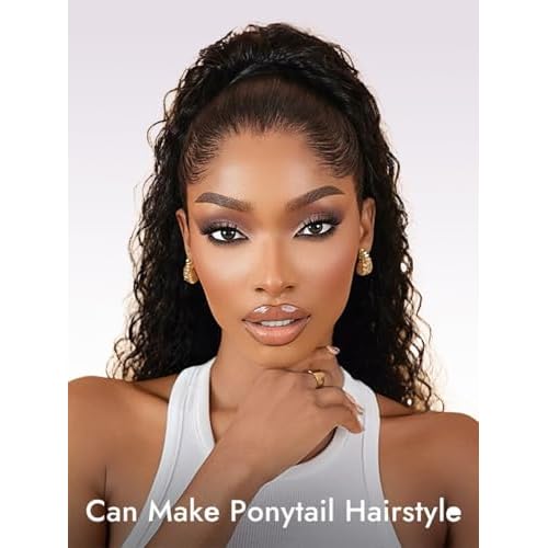 Hidden Strap 360 Drawstring Full Lace Front Wigs Human Hair Pre Plucked 200 Density Deep Wave 360 Invisible Drawstring Glueless Wet And Wavy HD Lace Front Wig Human Hair For Black Women 14 Inch