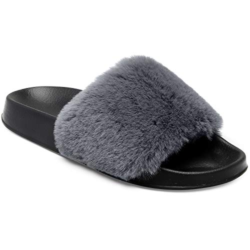 Spesoul Womens Fuzzy Slides Open Toe Furry Slide Slippers Indoor Outdoor Slides Sandals Casual Flat Fluffy House Slippers