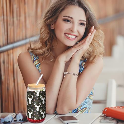 PPIKTC 16oz Borosilicate Tumbler with Lid & Glass Straw, Cool Deer Camo Camouflage American Flag Hunting Black, Hot/Cold D...