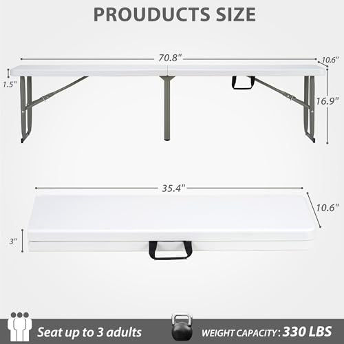 Candockway 6ft Plastic Folding Bench with Carrying Handle & Lock, Portable Outdoor Bench in Garden Picnic Camping Dining P...