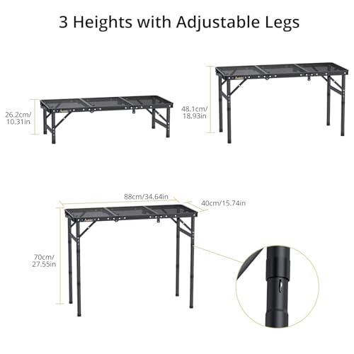 Anbte Folding Grill Table, 3ft Tri-Fold Aluminum Folding Table Adjustable Height Max 27.5" Grill Table with Mesh Desktop, ...
