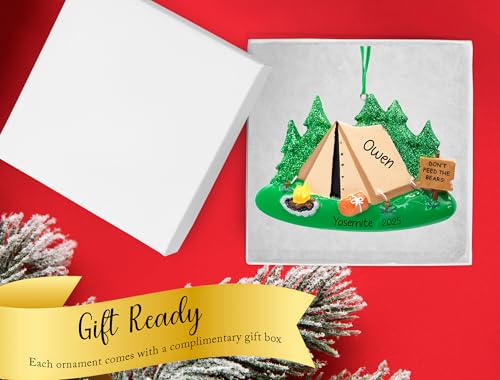UniqXmas Personalized Camping Christmas Ornament 2025 for Campers - Free Customization | Tent with Glitter Trees Campfire ...
