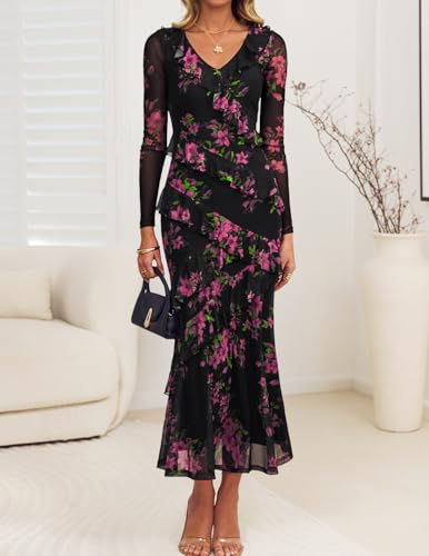 ZESICA Women's Fall Floral Long Sleeve Maxi Dress 2026 Boho Bodycon V Neck Ruffle Wedding Party Long Dresses