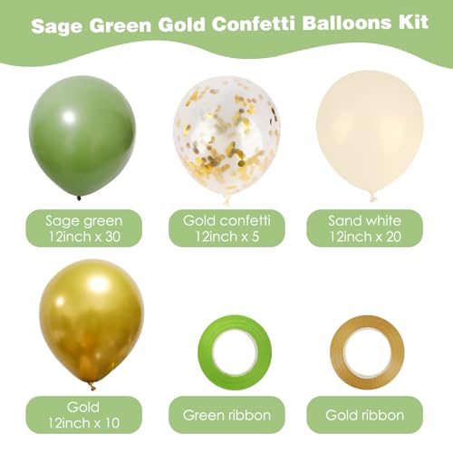 RUBFAC 65 Pcs 12 Inches Sage Green Gold Confetti Balloons Kit, Green Gold Sand White Party Balloons with Ribbons for Tiana...