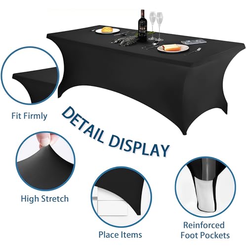 Lemict 6FT Black Table Cloth - 4 Pack Fitted Stretch Rectangle Spandex Tablecloth, Washable Table Cover for Party, Picnic,...
