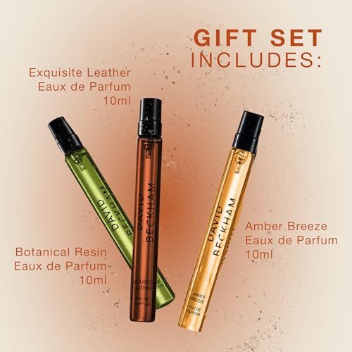 David Beckham 3 Piece Discovery Giftset - Exquisite Leather, Botanical Resin, Amber Breeze 0.33 fl oz Pen Sprays, Men's Fragrance, Long Lasting, Sporty Fragrance, Travel Size
