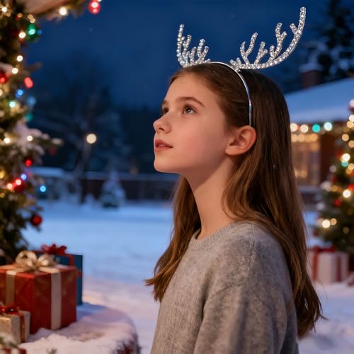 HIFANMM Christmas Headband Metal Deer Antler Hair Band for Women Girls, Shiny Rhinestone Headbands Winter Silver Reindeer ...