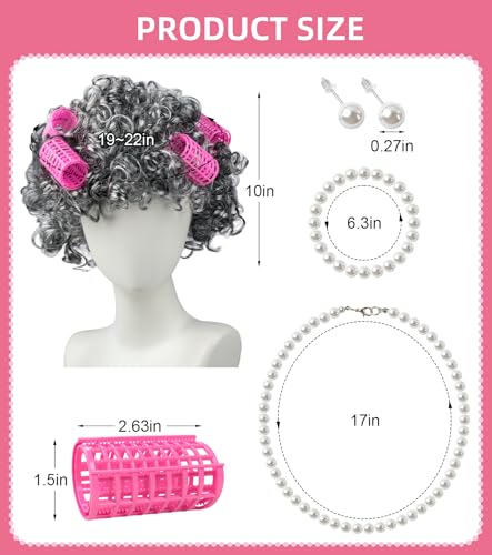 EVAFESNS 100 Days of School Old Lady Grandma Costume Accessories Set with Wig, Glasses, Cane & Faux Pearl Set