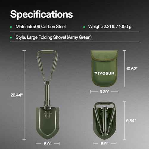 VIVOSUN Folding Survival Shovel, 22'' Camping Shovel, Military Portable Small Shovel with High Carbon Steel, Tactical Entrenching Tool for Hiking, Digging, Backpacking, Gardening, Off Road, Beach