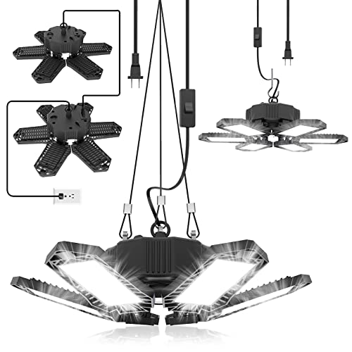 SEOBIOG 2 Pack Plug in Garage Light, Upgraded 200W 20000LM Linkable LED Shop Light, 6500K Ceiling Lights w/ 6 Deformable P...
