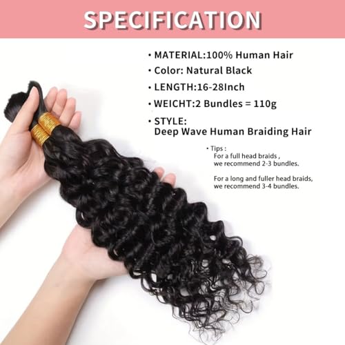 Human Braiding Hair for Boho Braids 12A Deep Water Wave Bulk Human Hair for Braiding No Weft Wet and Wavy Curly Human Hair Extensions (1B-Natural Black-Deep, 110g-28 Inch)