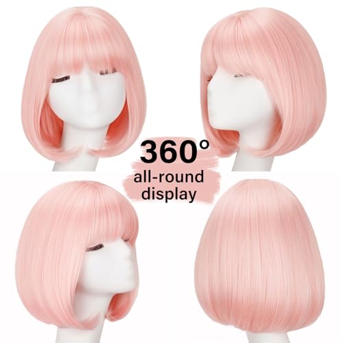 Light Pink Bob Wigs with Bangs Straight Short Wigs for Women Synthetic Pink Wig for Cosplay Women Funny Wig for Party Hall...