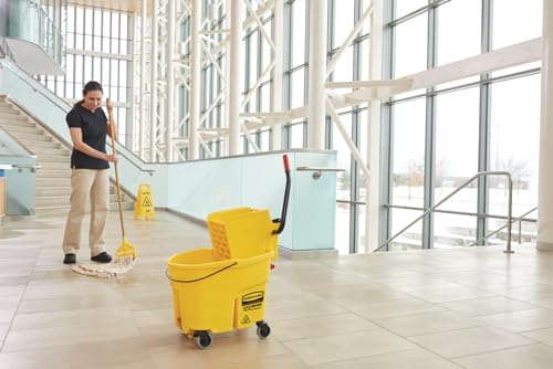 Rubbermaid Commercial Products WaveBrake 35 Qt. Side-Press Mop Bucket and Wringer Combo on Wheels Yellow for Professional/Industrial/Business Heavy-Duty Floor Cleaning/Mopping
