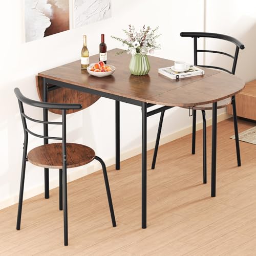 GOFLAME 3-Piece Drop Leaf Dining Table Set, Extendable Kitchen Breakfast Table with 2 Chairs, Space Saving Folding Dining ...