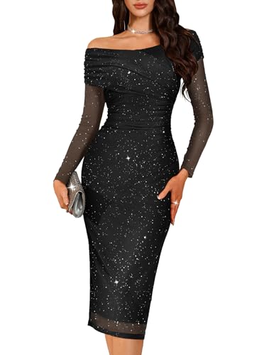 BeryLove Womens Sparkly Off Shoulder Formal Wedding Guest 2026 Cocktail Mesh Sequin Dress