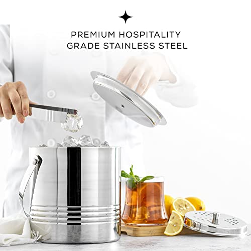 JoyJolt Metal Double Wall Ice Bucket with Lid, Ice Tongs and Strainer. 3L Insulated Ice Bucket for Cocktail Bar, Wine, Hom...
