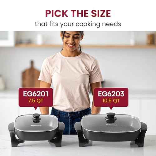 Elite Gourmet EG6203 Extra Deep 16"x13"x3.2" (10.5Qt.) Scratch Resistant, Easy Pour Spout, Dishwasher Safe, Non-stick Electric Skillet with Vented Glass Lid, Adjustable Temperature, Black