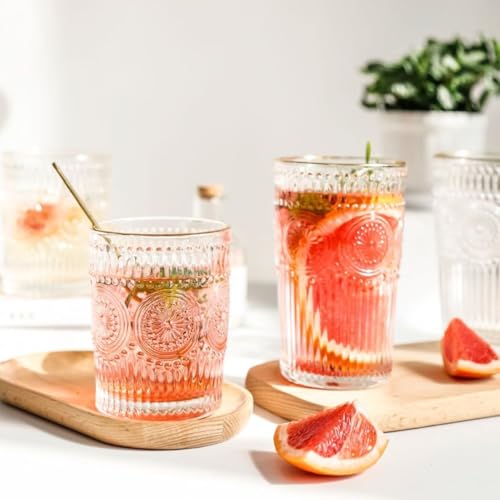 Loivttvv 12pcs Vintage Drinking Glasses Set, 12 oz Highball Glasses & 9 oz Embossed Ribbed Glassware Cups for Cocktail, Wa...