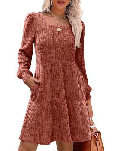 Sampeel Womens Square Neck Long Sleeve Fall Dresses Casual Babydoll Sweater Dress