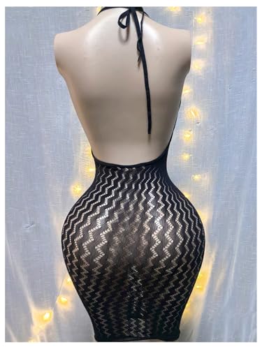 OYOANGLE Women's Fishnet Halter Bodycon Lingerie Dress Hollow Out See Through Sleeveless Chemise