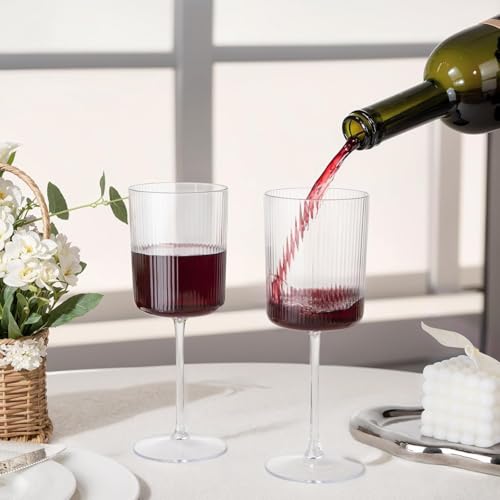 Ciaell 12 PCS Plastic Ribbed Wine Glasses - 10 OZ Plastic Square Wine Glasses with Stem - Disposable Champagne Cups for Pa...