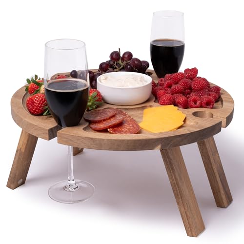 Portable Wine Picnic Table with 4 Wine Glasses Holder, Acacia Natural Wood Foldable Champagne Picnic Snack Table Tray, Per...