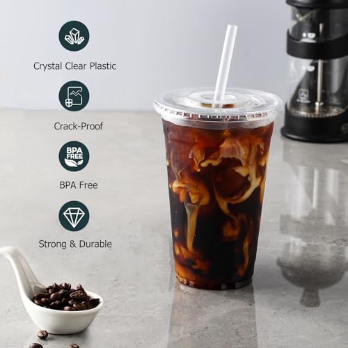AOZITA [100 Sets] 16 oz Clear Plastic Cups With Lids and Straws, Disposable Cups With Lids for Iced Coffee, Smoothie, Milk...