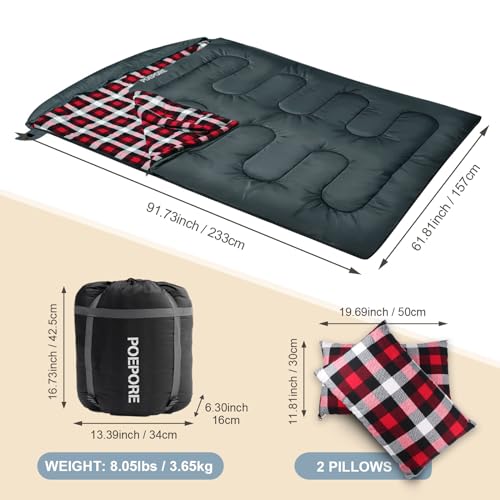 POEPORE Double Sleeping Bag Flannel for Adults with 2 Pillows 2 Person Sleeping Bags Camping XXL Queen Size Two Person Sle...
