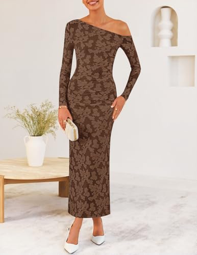 ZESICA Women's Fall Floral Off Shoulder Bodycon Maxi Dresses 2026 Long Sleeve Ruched Elegant Cocktail Party Dress