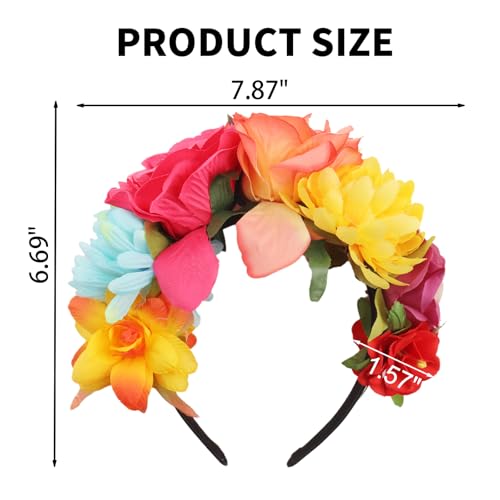 hhdatc Mexican Rose Flower Crown Headband Independence Day Rose Flower Headpiece for Day of the Dead Halloween Costume Acc...