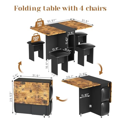 AWQM Foldable Dining Table Set for 4,Folding Dining Table with 4 Leather Chairs & Storage,Drop Leaf Dinner Table with 6 Wh...