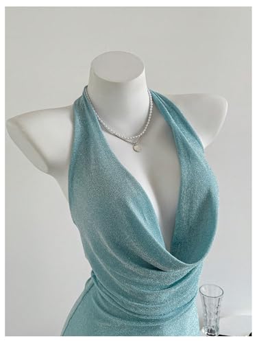 SOLY HUX Women's Shiny Deep V Neck Halter Bodycon Mini Dress Sleeveless Cocktail Prom Pencil Dresses