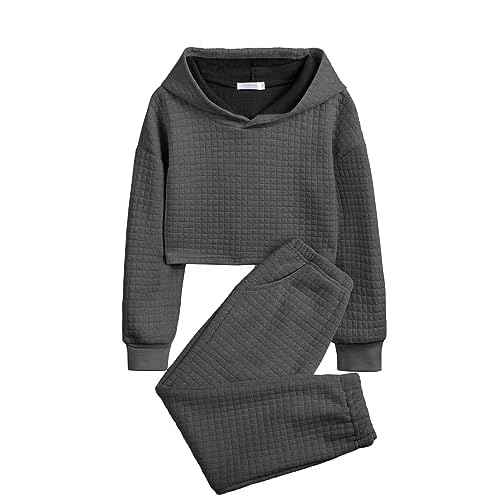 Arshiner Girls 2 Piece Outfit Waffle Knit Pullover Hooded Sweatshirt and Sweatpants Clothing Sets Long Sleeve Tracksuits