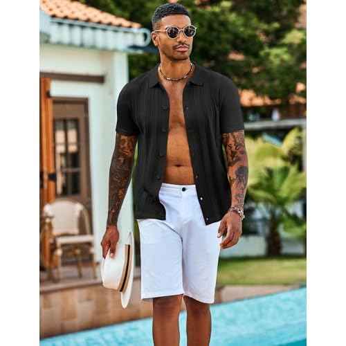 COOFANDY Men's Knit Shirts Short Sleeve Casual Button Down Polo Shirt Summer Beach Vacation Shirts