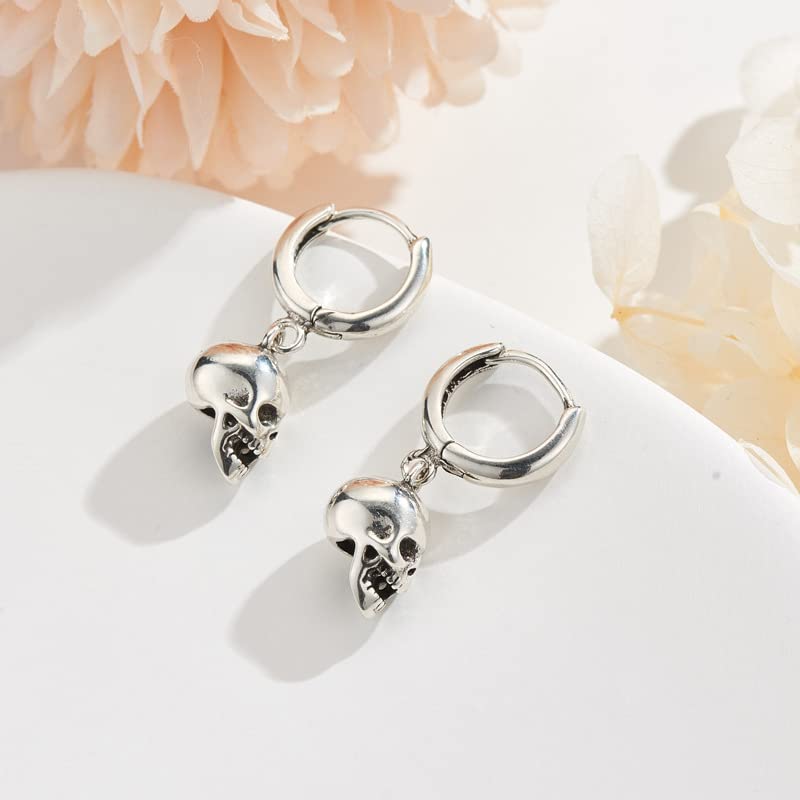 Punk Gothic Skull Dangle Hoop Earrings For Men, Women Silver Plated with Skeleton Head Drop Hoops Earrings Unisex Halloween Jewelry(A)
