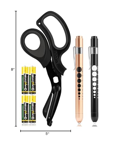 MEUUT 3 Pack Medical Scissors and penlights for Nurses with Four Batteries-One 8" Patented Trauma Scissor Bandage Scissor Two LED Pen lights for Nurse Doctor EMT First Aid