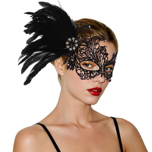 GUXIMIAR Lace Masquerade Mask for Women Mardi Gras Rhinestone Mask with Feather 1920s Venetian Party Accessories
