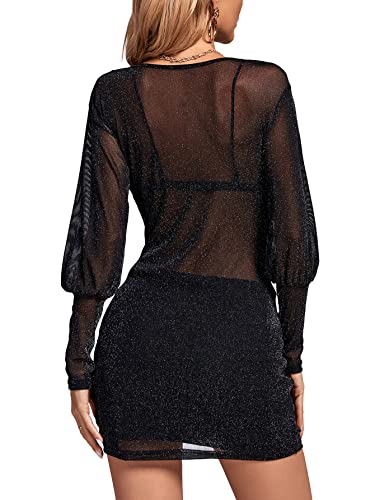 Rooscier Women's Sheer Mesh Glitter Wrap V Neck Long Sleeve Ruched Drawstring Bodycon Mini Dress