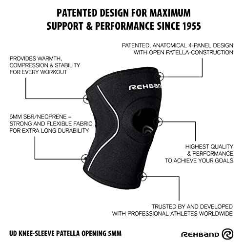 Rehband Open Patella Knee Brace 5mm Neoprene, Supportive Knee Sleeve with Patella Support, Knee Protection for Strength Training, Jogging & Fitness, Colour:Black - 1 Pair, Size:Large