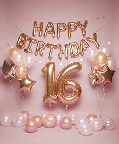 PartyHooman Sweet 16 Birthday Decorations Rose Gold With Sweet 16 Sash and Tiara Set, 2Pcs Backdrop, 25Pcs Pre-assembled P...