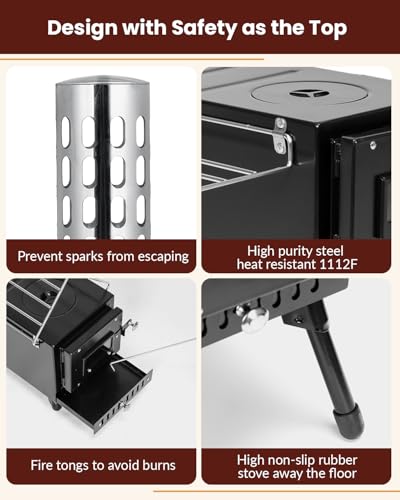 Wood Stove,YRenZ Hot Tent Stove with 7-Section Stainless Steel Chimney, HeatControl Stovepipe and Elbow Pipe, Wood Burning...